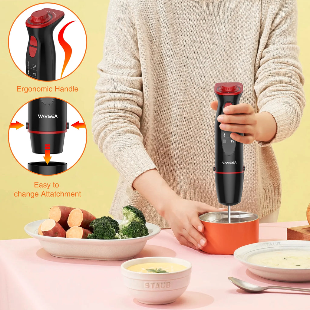 12-Speed Stainless Steel Hand Blender with Chopper, Beaker, 600ml, Whisk and Milk Frother V496