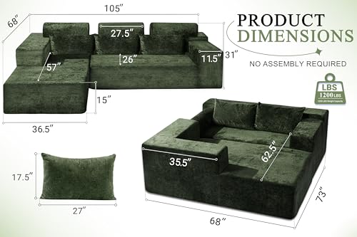 105" L-Shape Modular Sectional Sofa with Deep Seat Grey Velvet V19404