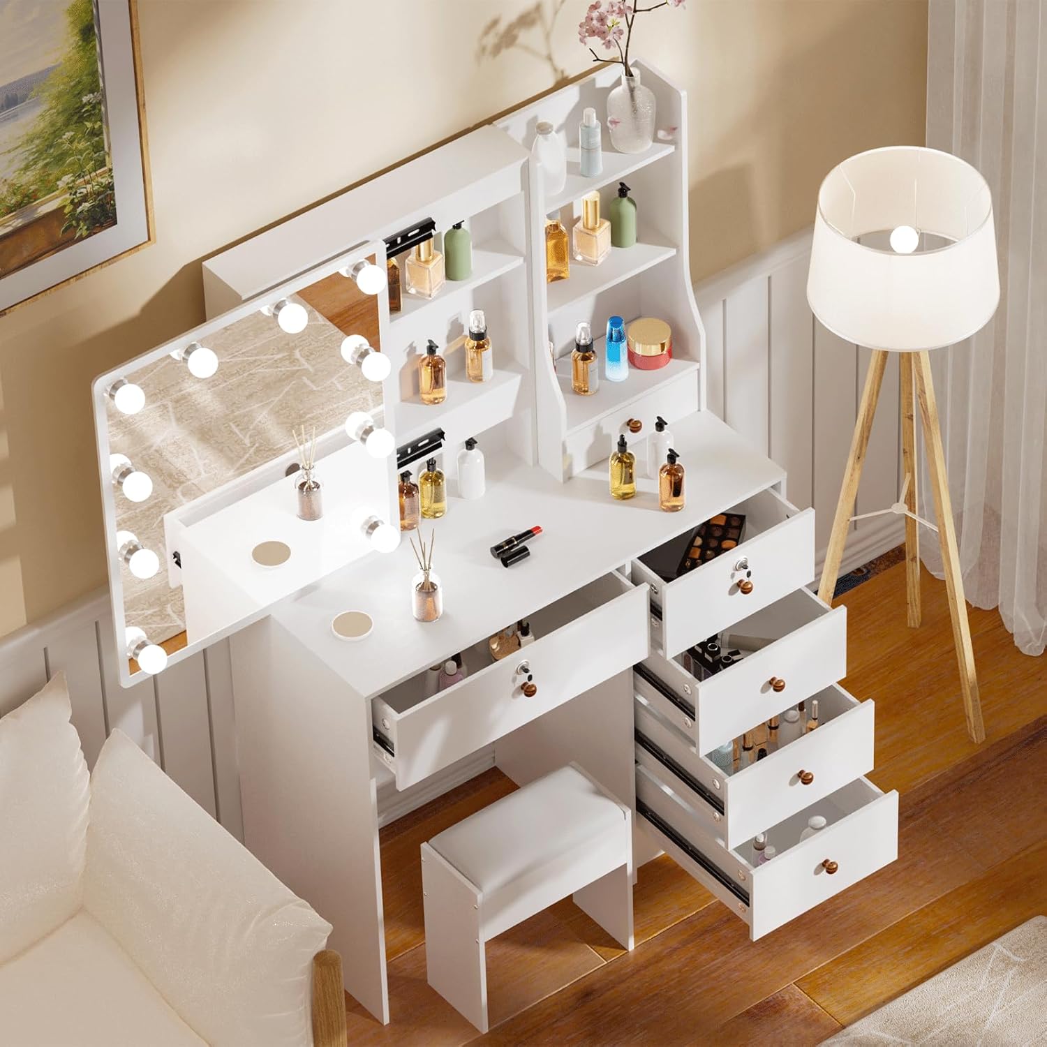 Girls Makeup Vanity with Sliding Mirror and Lights, Lockable Drawers and Cabinets, Dressing Cosmetic Table with Soft Chair L41023