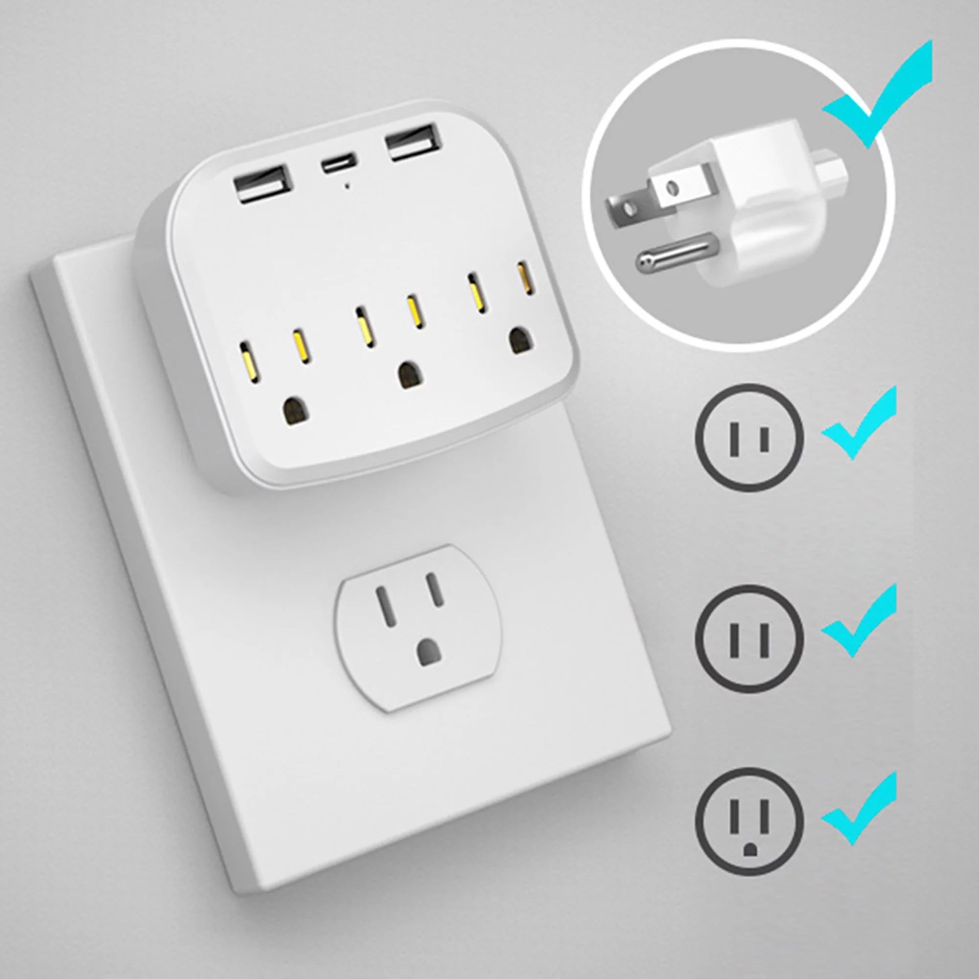 International Power Plug with 3 US Outlets and 2 USB Z58062