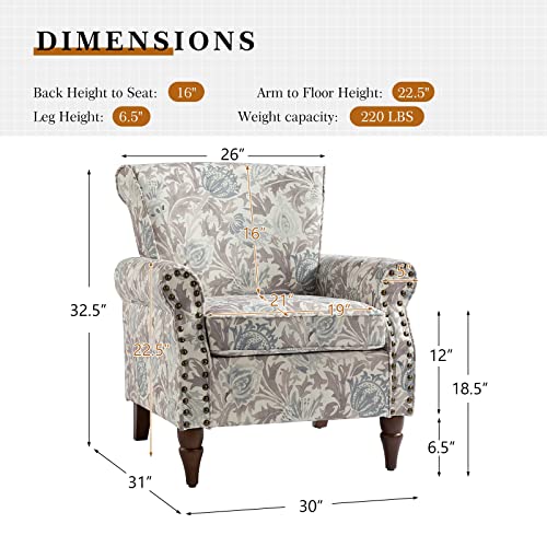Pink Floral Pattern Wingback Accent Chair with Wood Legs & Removable Cushion T95045