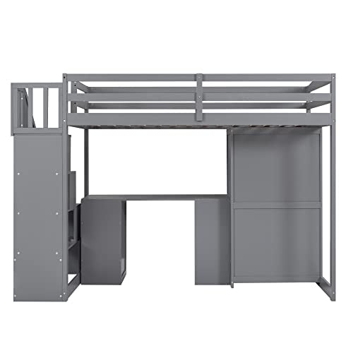 Twin Size Solid Wood Loft Bed with Desk and Stairs H201