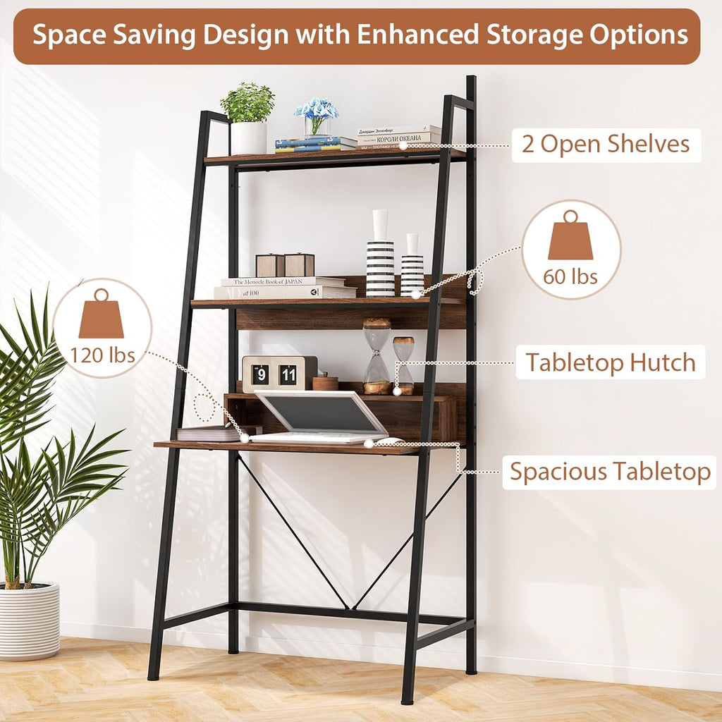 Brown Freestanding Ladder Desk with Open Shelves Z16907