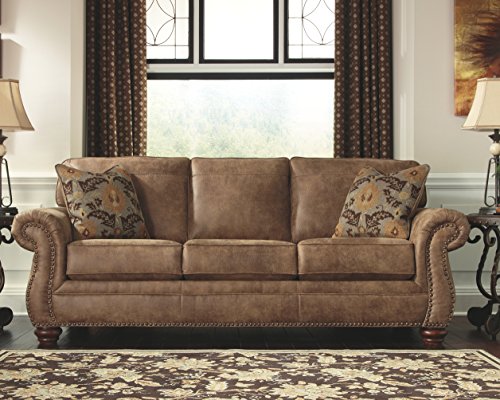 Gray Faux Leather Sofa with Nailhead Trim and 4 Accent Pillows U5484