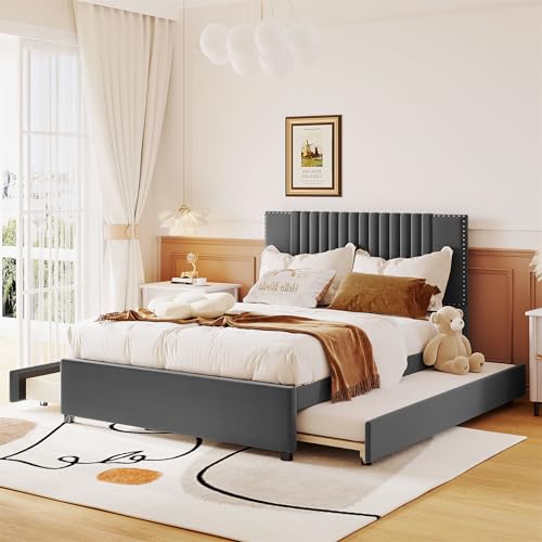 Beige Linen Upholstered Platform Bed Frame with Twin XL Trundle and 2 Drawers D3887