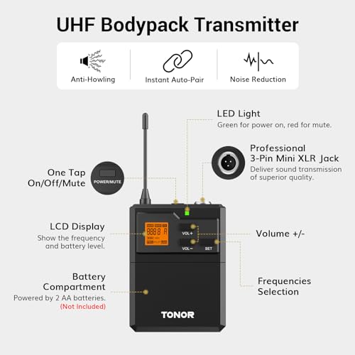 UHF Wireless Microphone System with Headset and Lapel Mics, Bodypack Transmitter, Receiver, 2x15 Channels B37841
