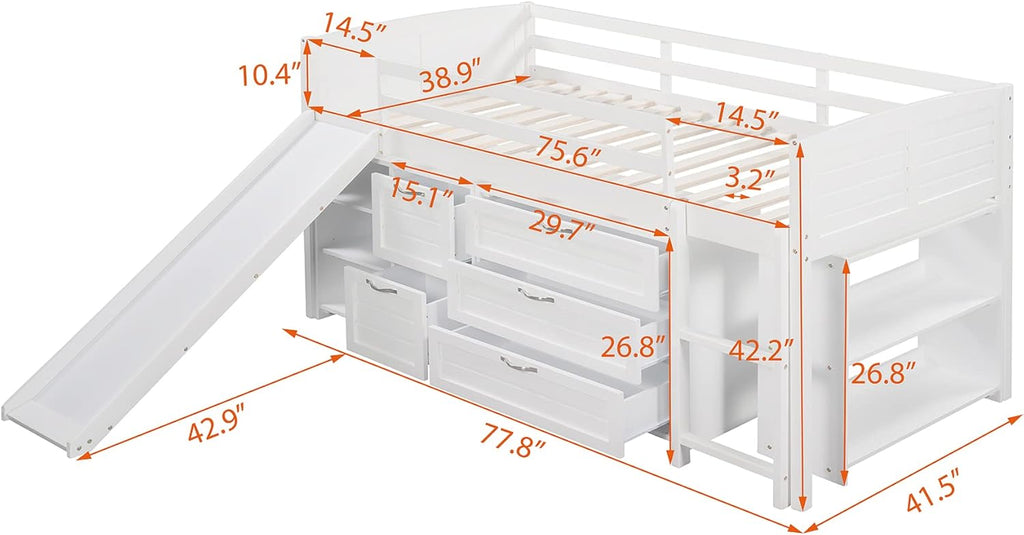 White Twin Low Loft Bed with Slide Storage Cabinets Drawers Shelves L219