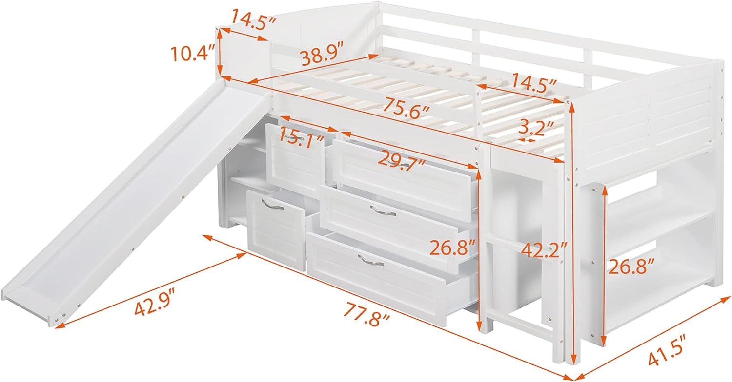 White Twin Low Loft Bed with Slide Storage Cabinets Drawers Shelves L219