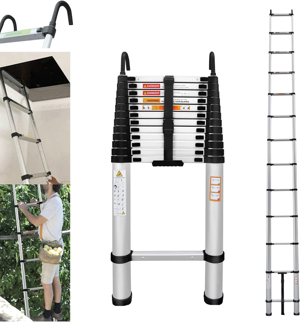 16FT Aluminum Telescoping Extension Ladder with Roof Hooks N884