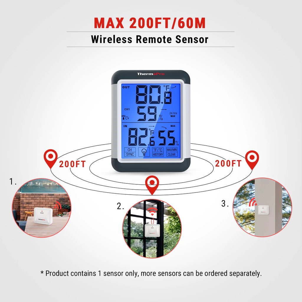 Indoor Outdoor Thermometer Digital Wireless Hygrometer Temperature Humidity Monitor with Jumbo Touchscreen and Backlight T291076