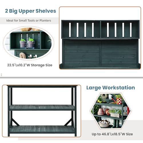 Brown Wooden Potting Bench Table with 2 Drawers, Cabinet, Open Shelves O84288