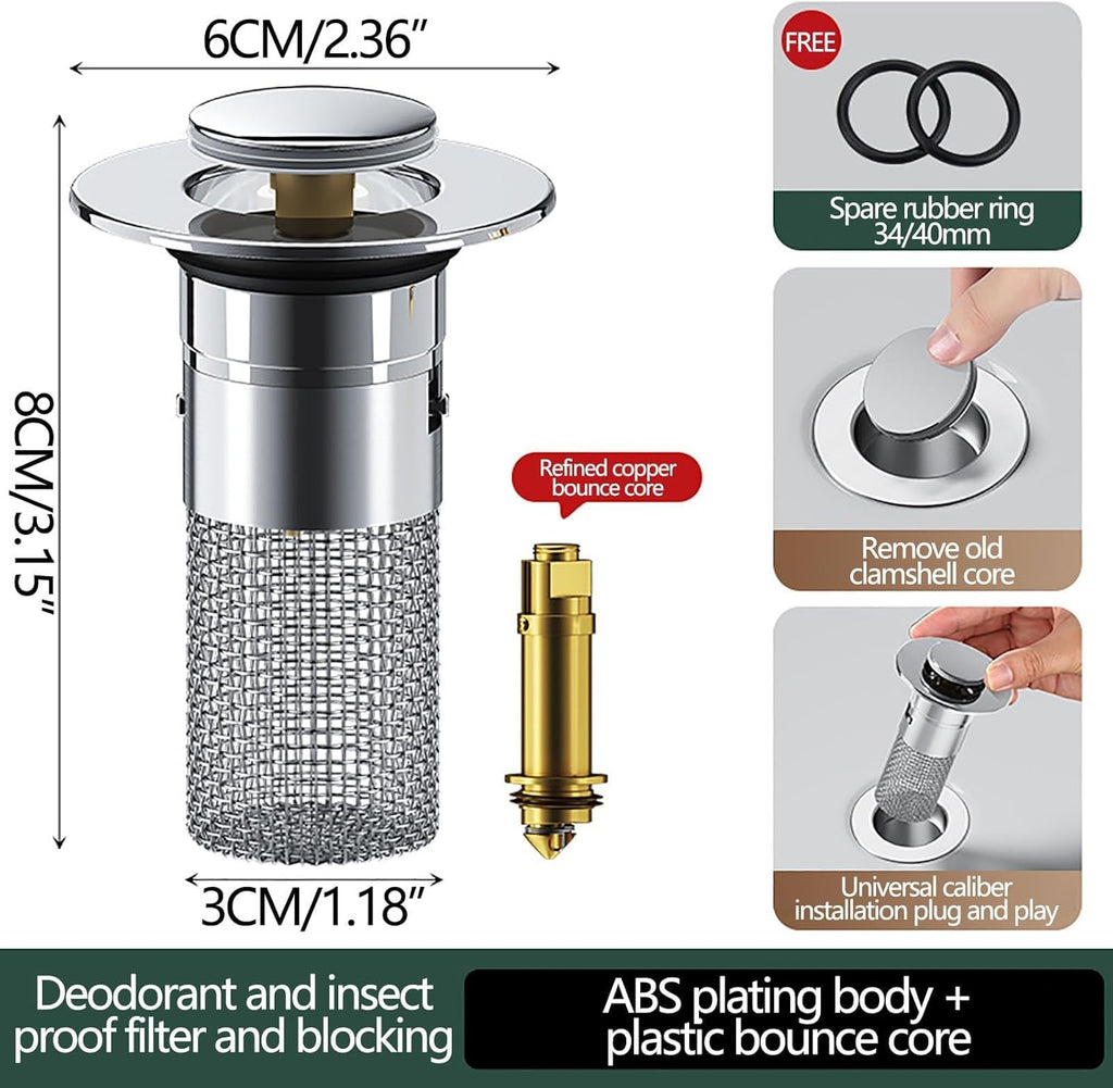 2PCS 304 Stainless Steel Pop-Up Sink Drain Strainer with Removable Filter Basket Z229867