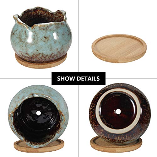 4 Inch Ceramic Plant Pots with Bamboo Tray, Pack of 6 S872