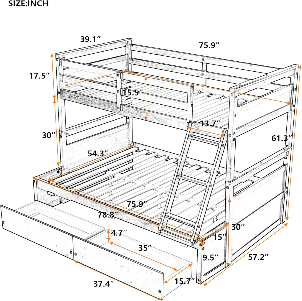 Over Full Wood Bunk Bed Frame With Two Drawer, Espresso I24205