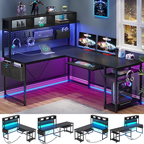 Black L Shaped Gaming Desk with Power Outlet and Pegboard U905