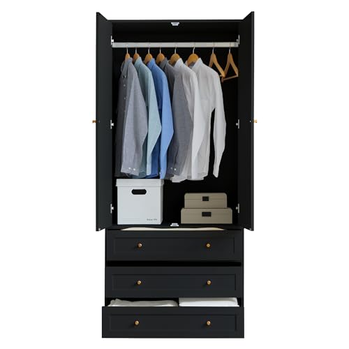Black 71" Wooden Wardrobe Armoire with 3 Drawers F4485