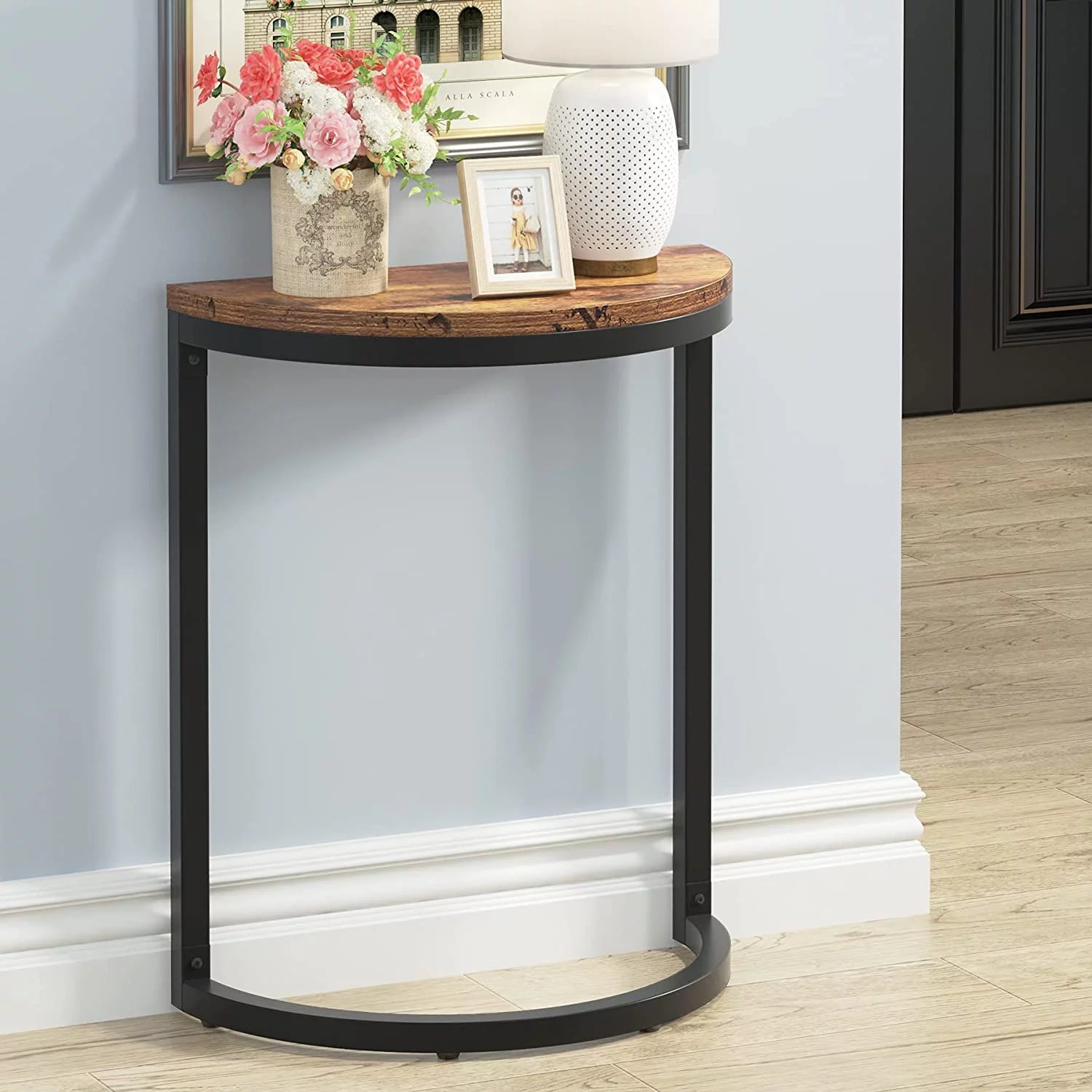 Wood End Table Half Round with Metal Frame, Brown (1PC) K2216