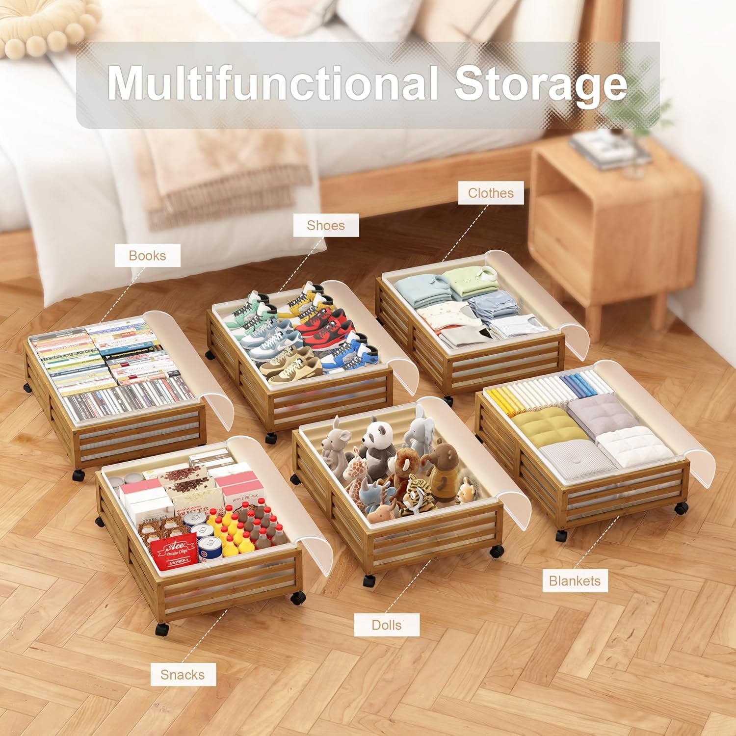 2 Pcs Bamboo Wood Rolling Underbed Storage Bins with Wheels M361