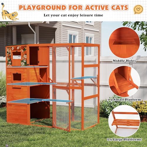 Large Wood Cat Catio with Weatherproof Roof, 2 Resting Rooms, 2 Platforms, 4-Tier Cat Playpen H4344