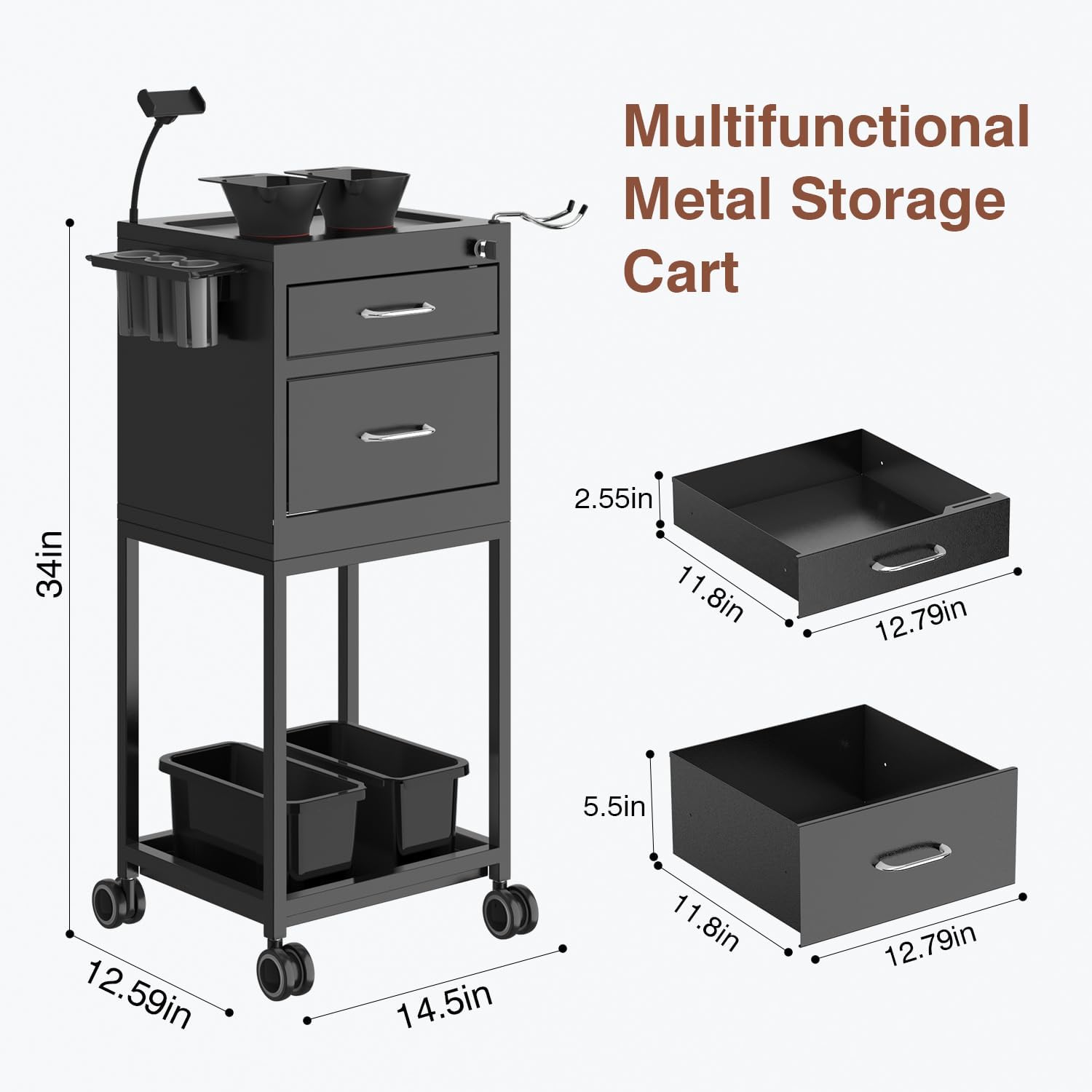 Lockable Metal Rolling Salon Cart with 2 Magnetic Bowls K7316
