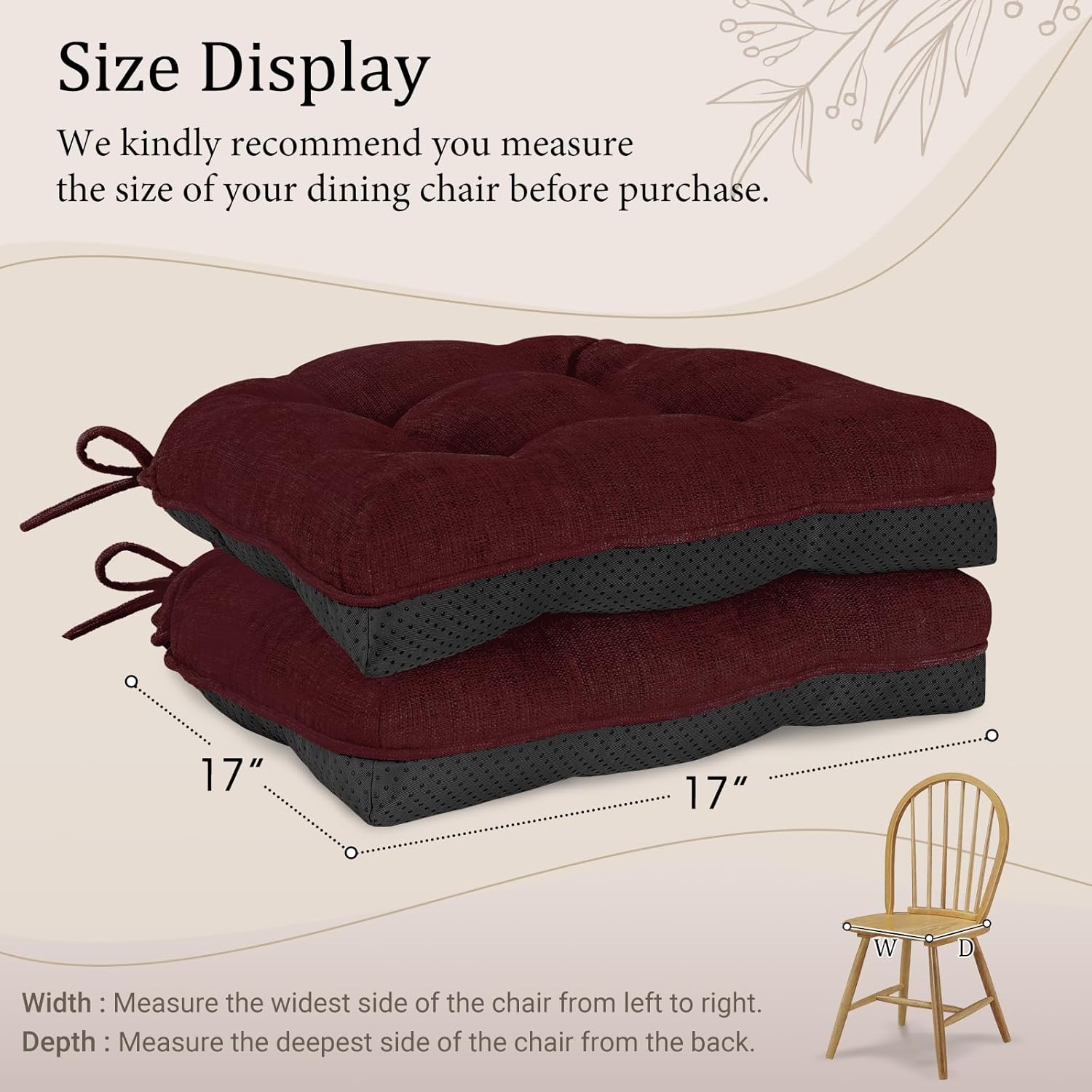 Burgundy 17" x 17" Memory Foam Chair Cushions with Adjustable Ties H3720