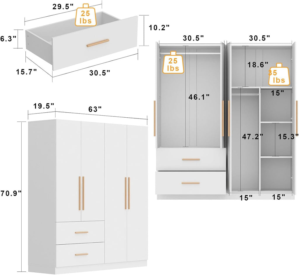 White 4-Door 2-Drawer Wood Wardrobe Armoire O123778