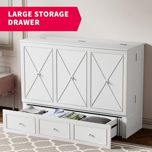 Grey Queen Murphy Bed with Foldable Mattress and Storage Drawer U6017