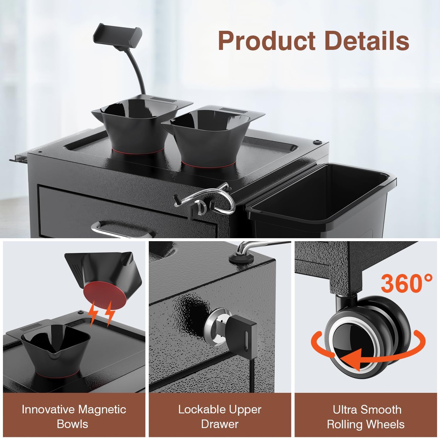 Lockable Metal Rolling Salon Cart with 2 Magnetic Bowls K7316