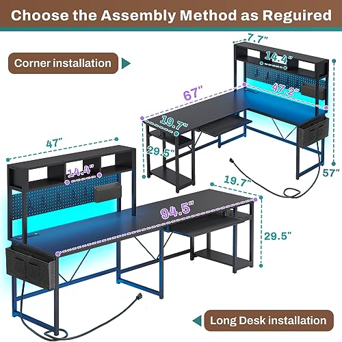 Black L Shaped Gaming Desk with Power Outlet and Pegboard U905