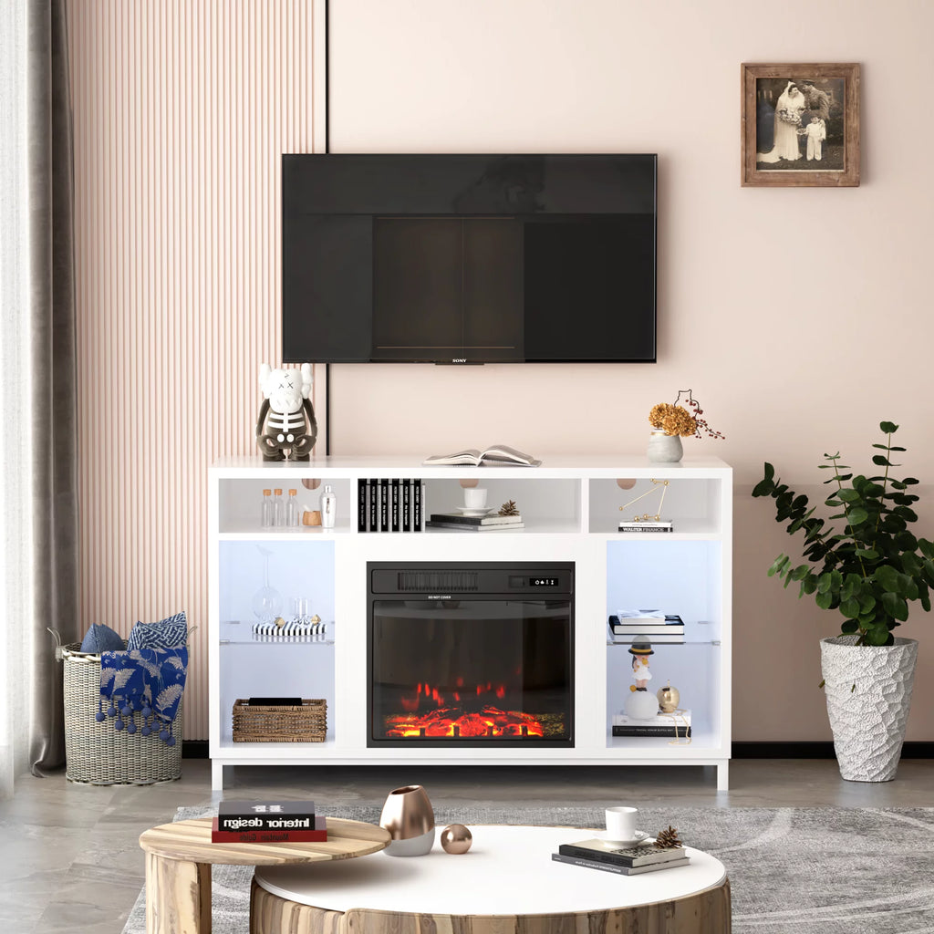 White Fireplace TV Stand with 18" Electric Fireplace and Adjustable Glass Shelves V876