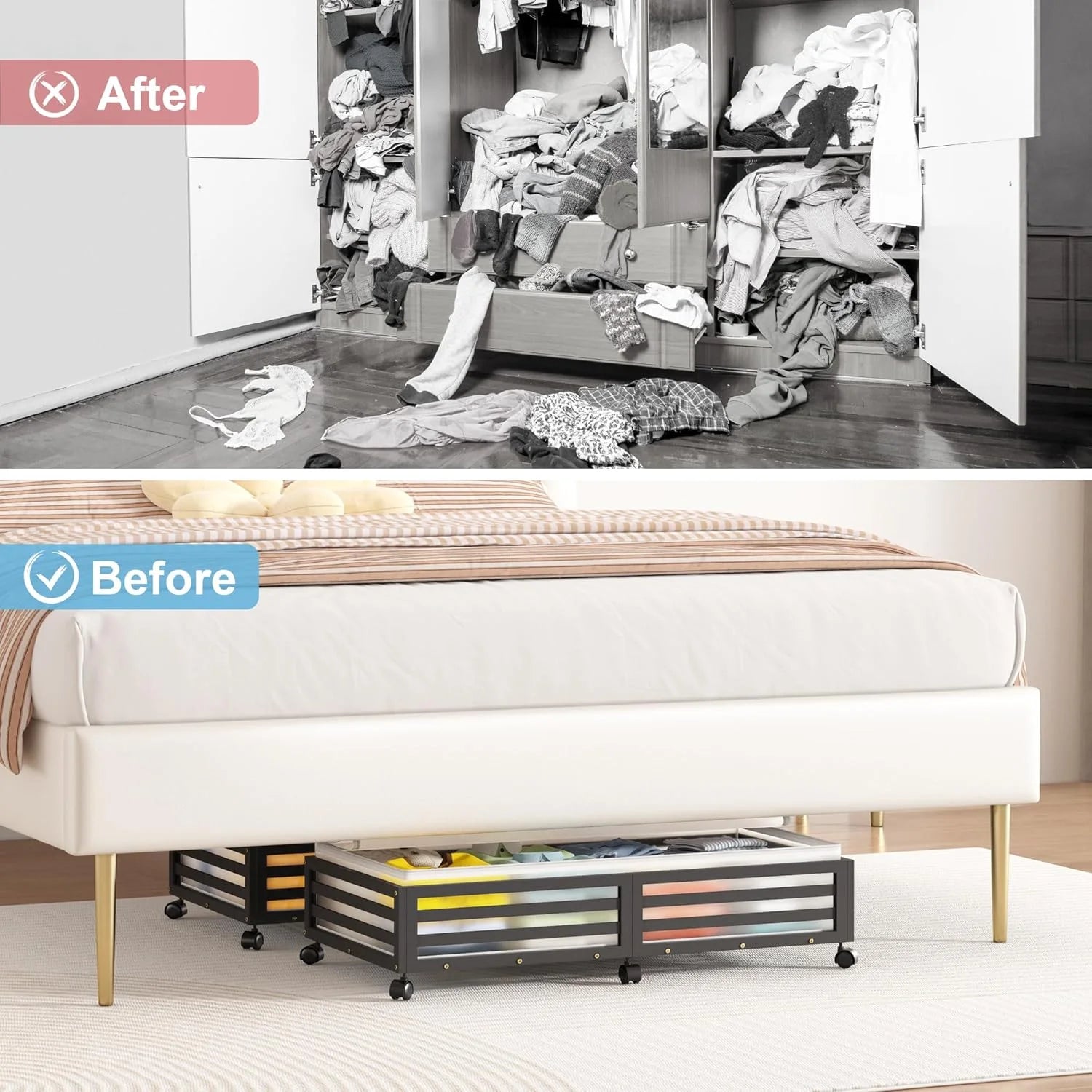 2 Pcs Bamboo Wood Rolling Underbed Storage Bins with Wheels M361
