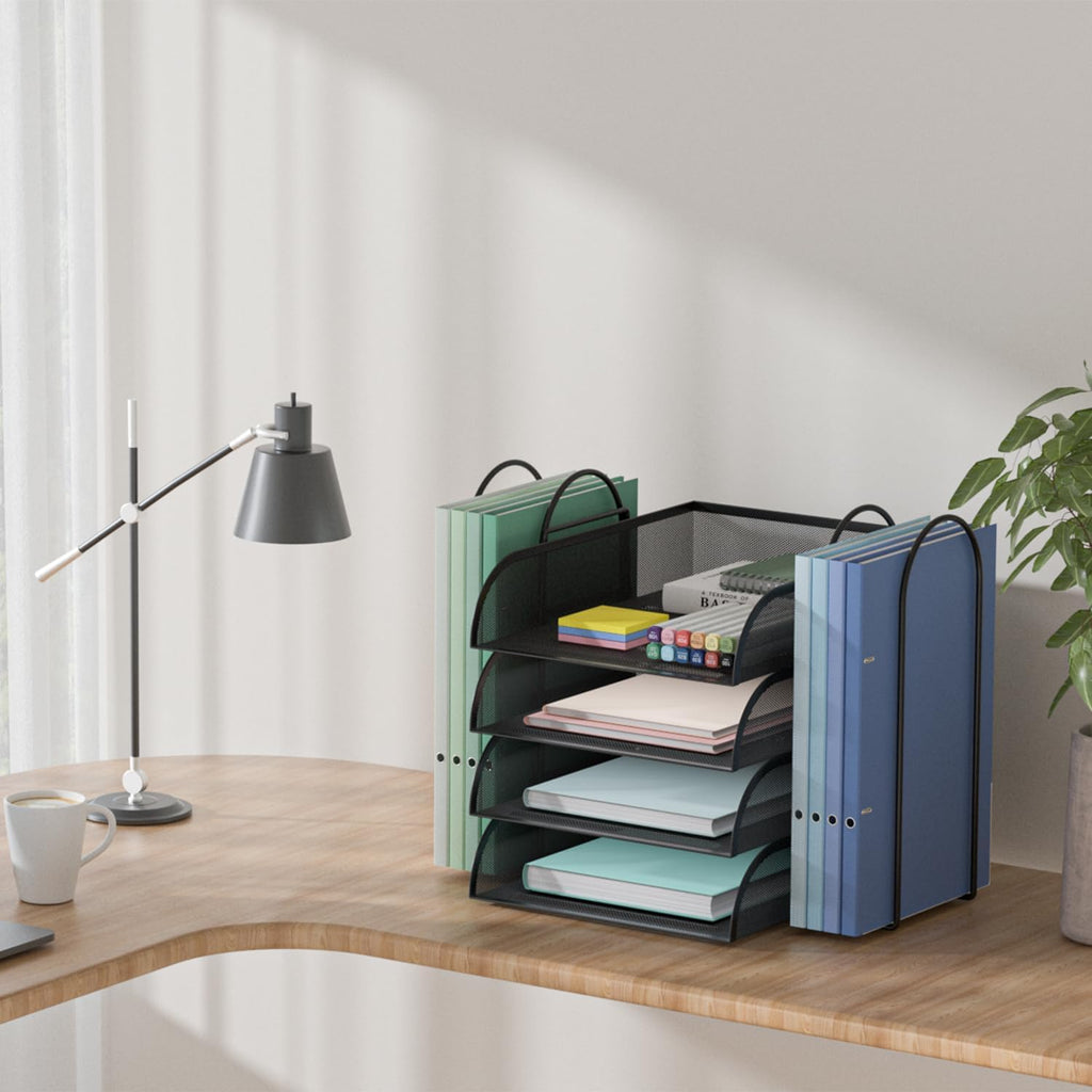 Black 4 Tier Stackable Mesh Desk Organizer with File Holder S2114