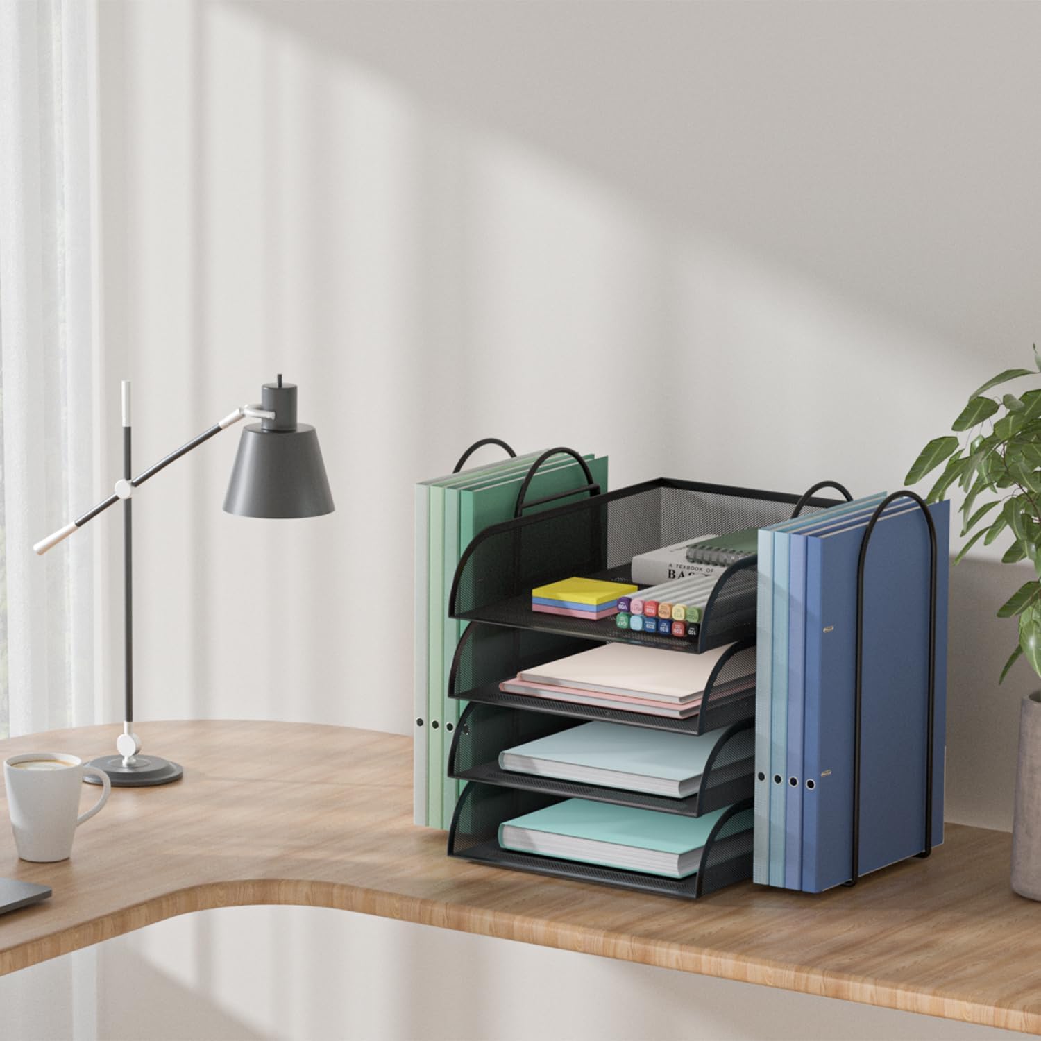 Black 4 Tier Stackable Mesh Desk Organizer with File Holder S2114