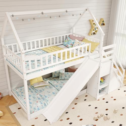 White Wood Bunk Bed Twin Over Twin with Slide & Stairs D9083