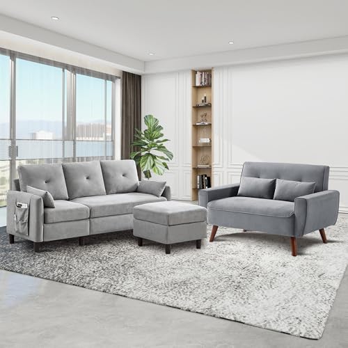 Light Grey Linen Convertible Sectional Sofa Set P342551