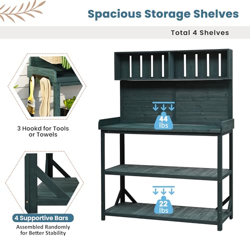 Brown Wooden Potting Bench Table with 2 Drawers, Cabinet, Open Shelves O84288