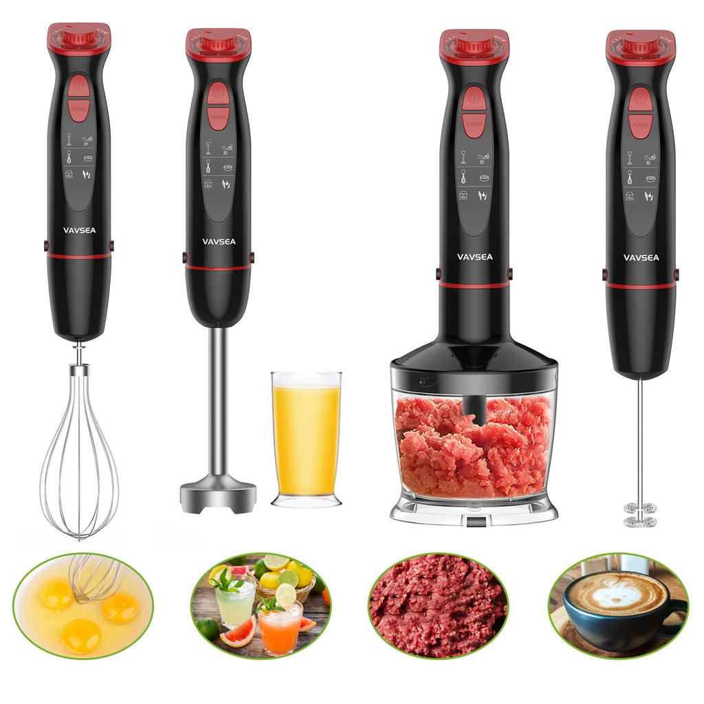 12-Speed Stainless Steel Hand Blender with Chopper, Beaker, 600ml, Whisk and Milk Frother V496