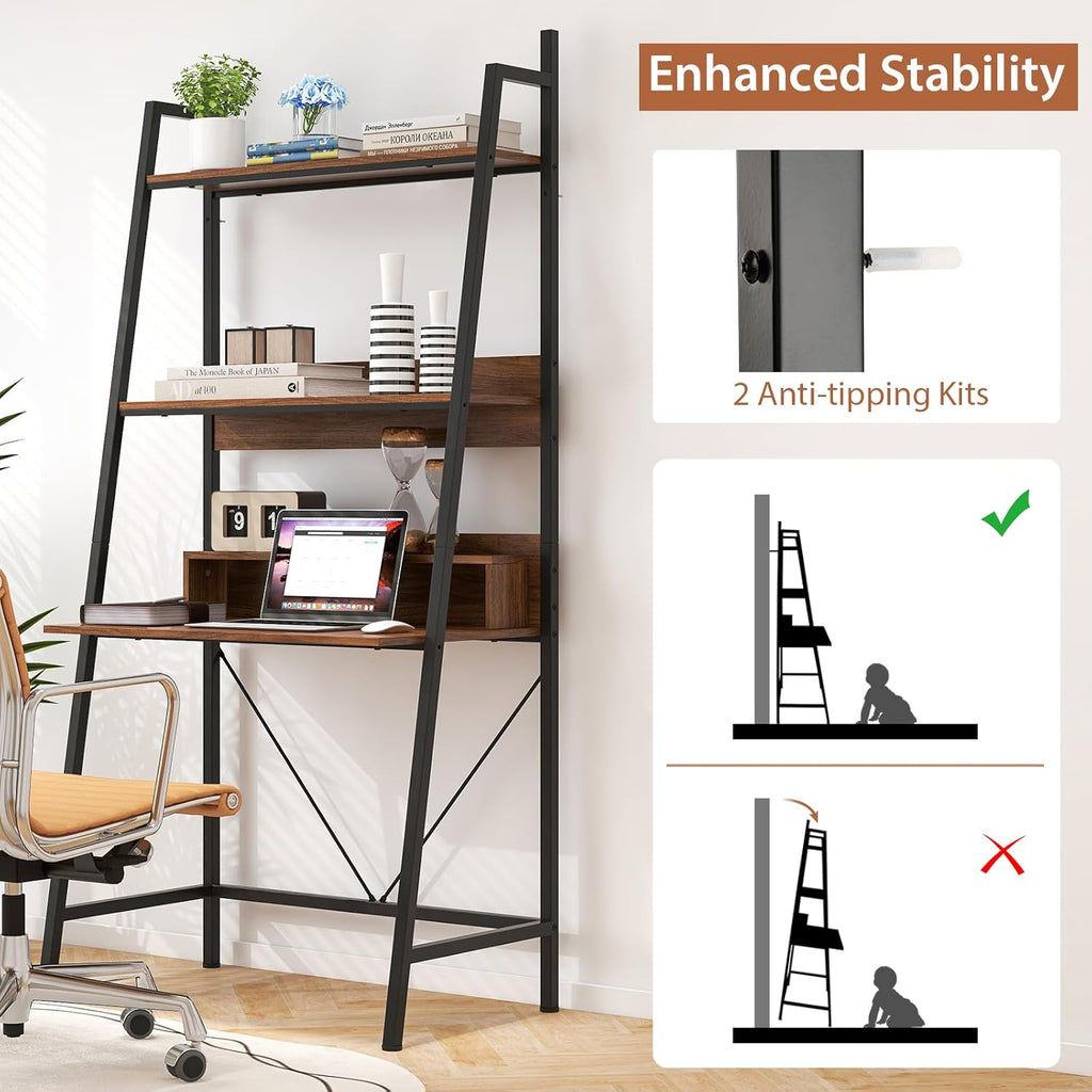 Brown Freestanding Ladder Desk with Open Shelves Z16907