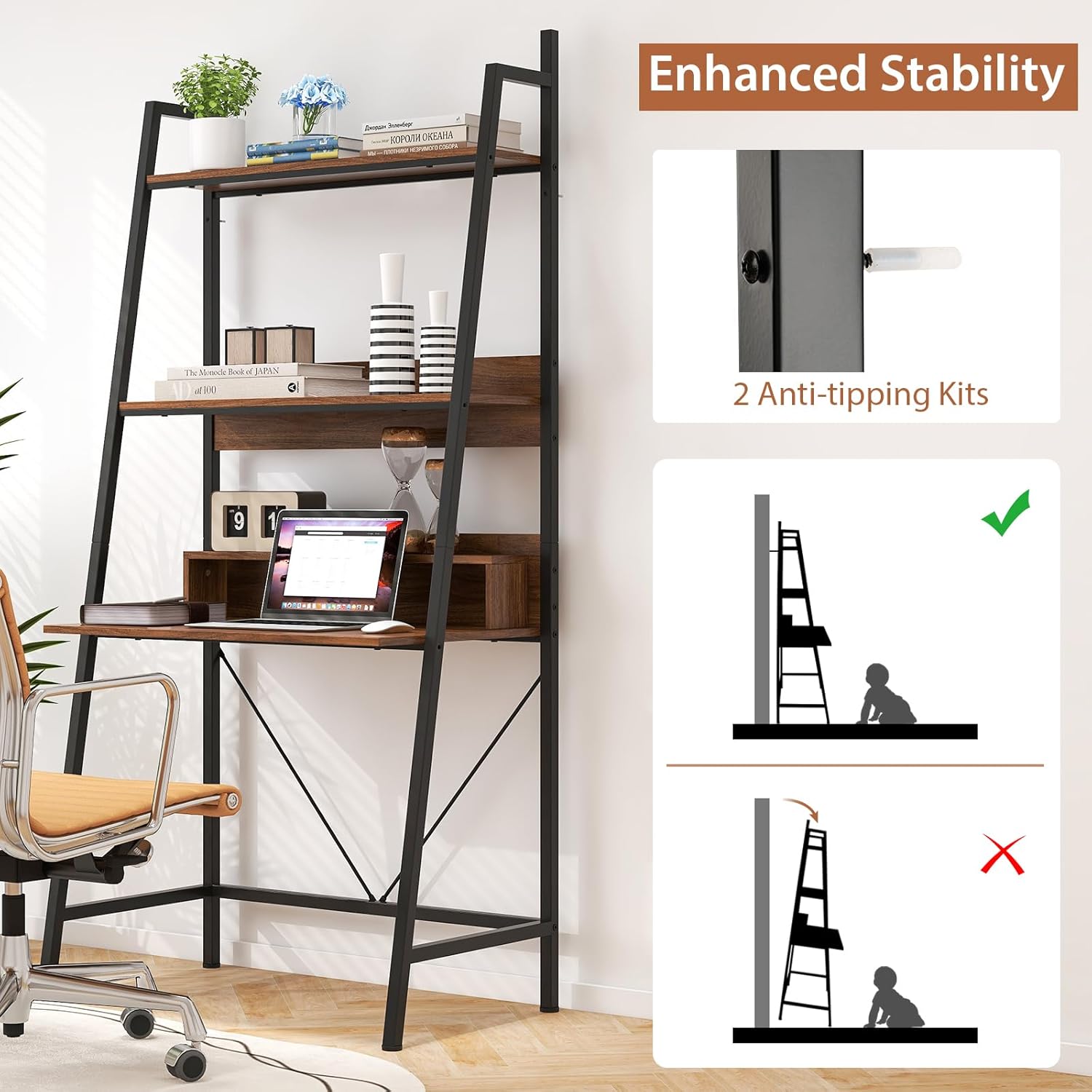 Brown Freestanding Ladder Desk with Open Shelves Z16907