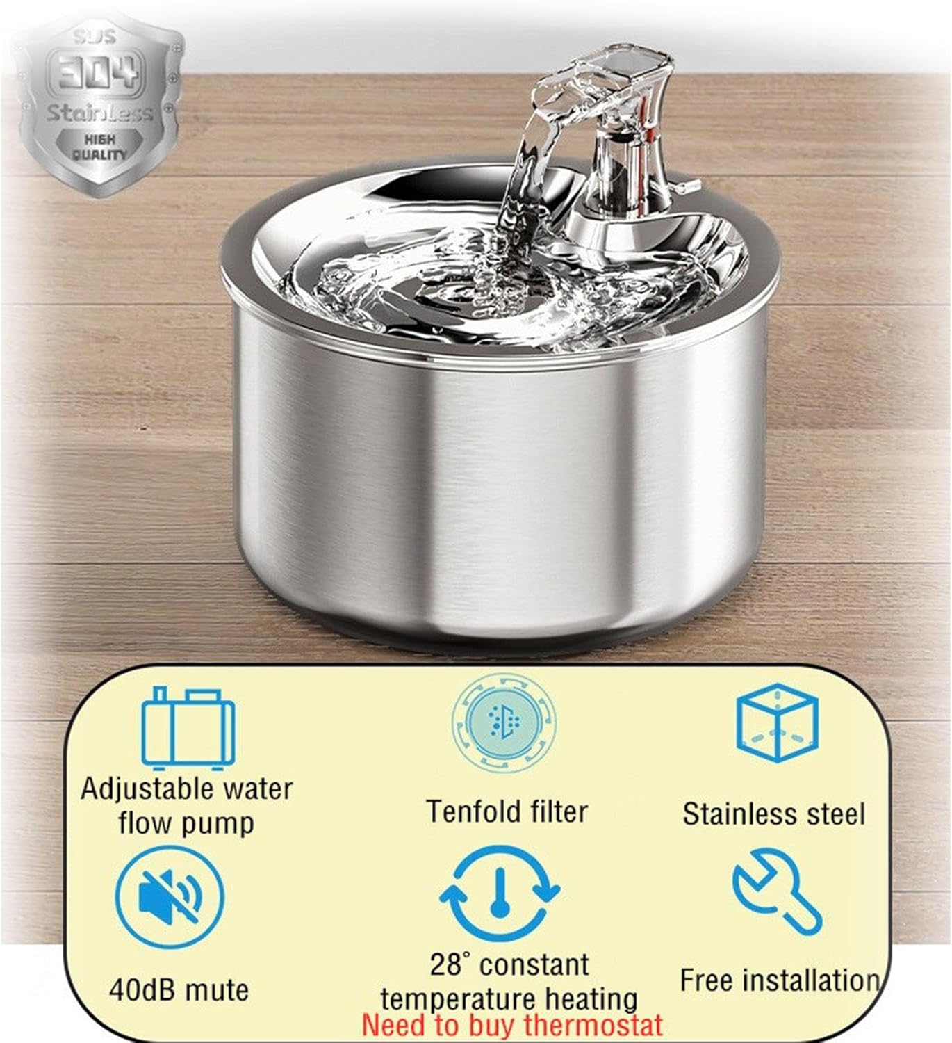 2L/67OZ 304 Stainless Steel Automatic Water Fountain G65262