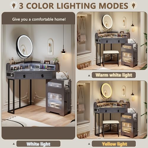 White Glass Top Corner Vanity with Mirror and Lights W63193