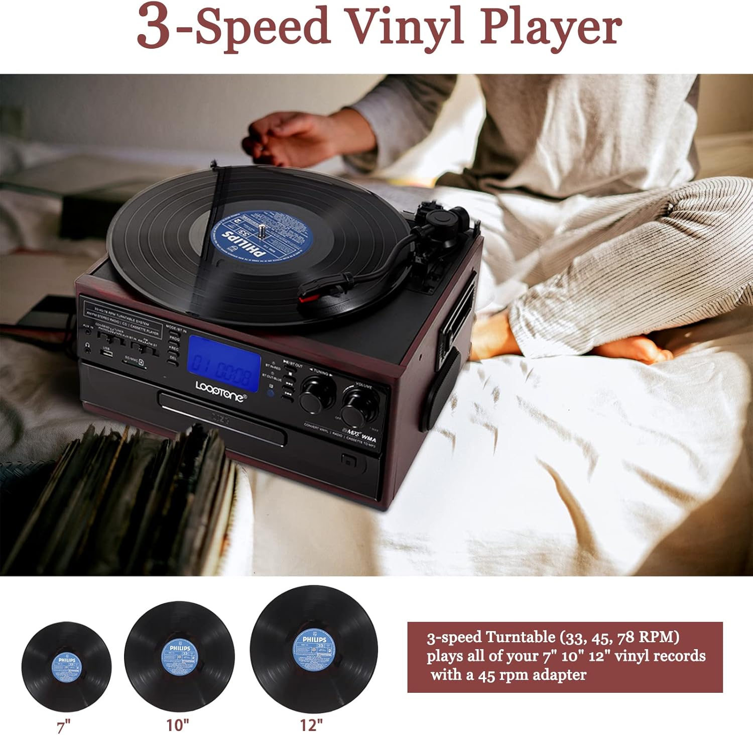 10 in 1 Bluetooth Record Player Turntable with CD Player Cassette AM/FM Radio O57075