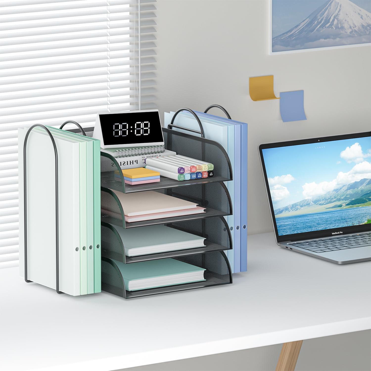 Black 4 Tier Stackable Mesh Desk Organizer with File Holder S2114