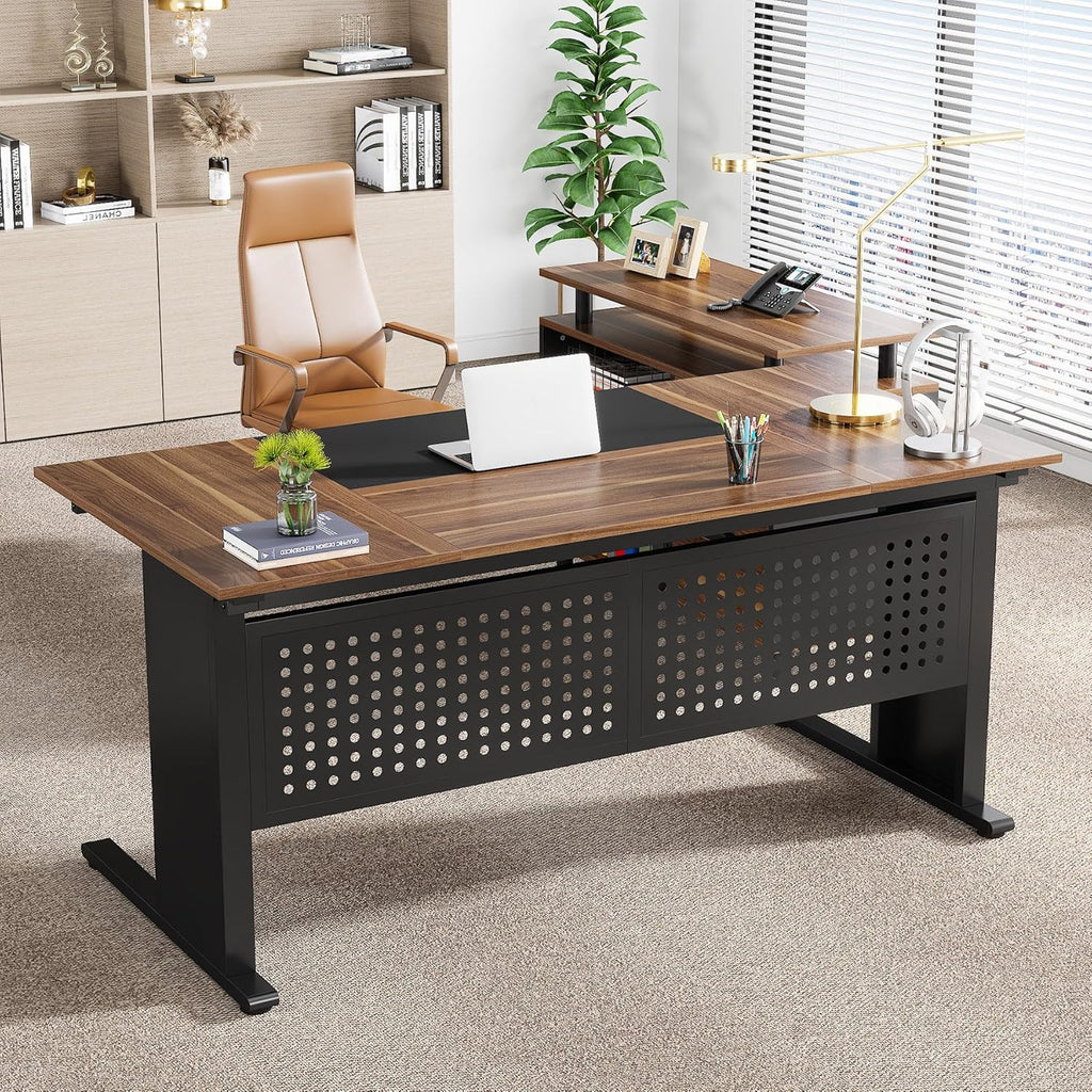 Brown and Black 63 Inch L Shaped Computer Desk with File Cabinet M226341