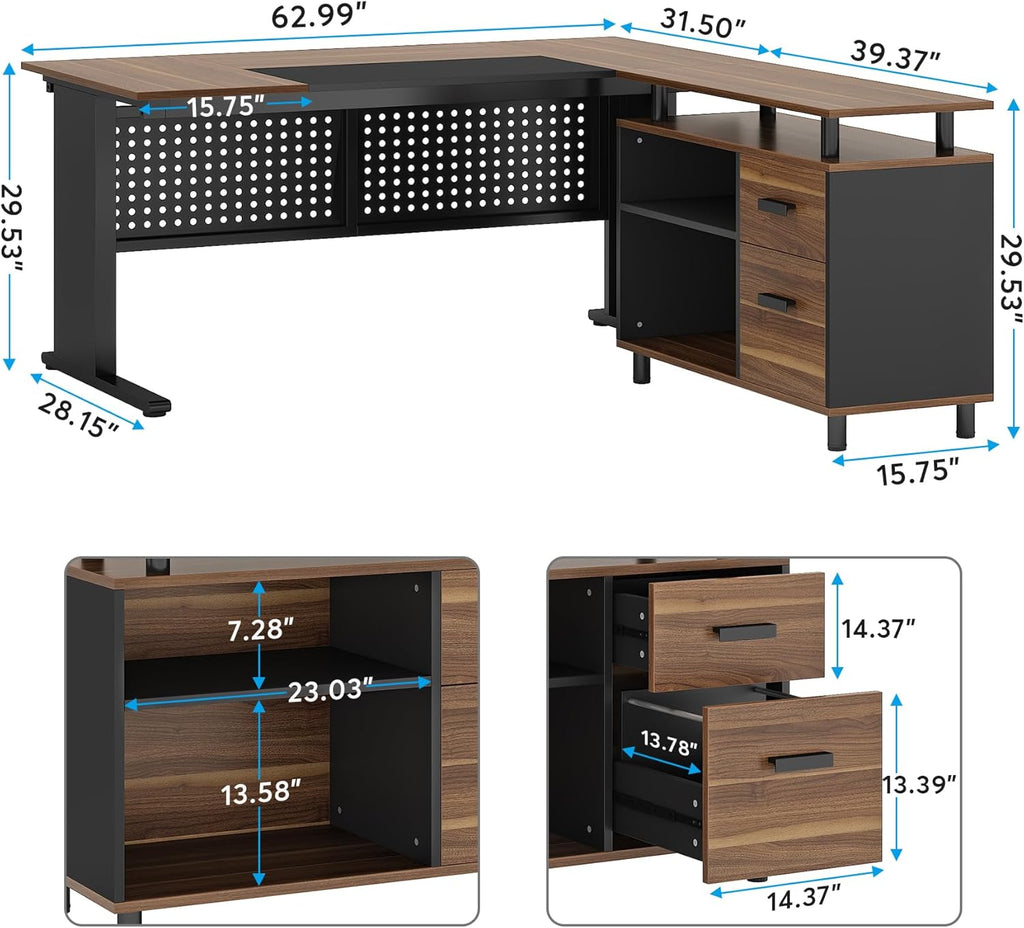 Brown and Black 63 Inch L Shaped Computer Desk with File Cabinet M226341