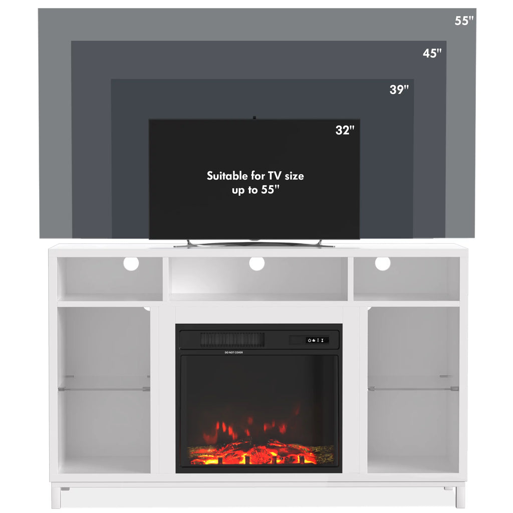 White Fireplace TV Stand with 18" Electric Fireplace and Adjustable Glass Shelves V876