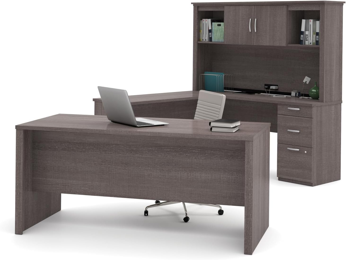 U-Shaped Executive Desk with Pedestal and Hutch in bark grey P72672