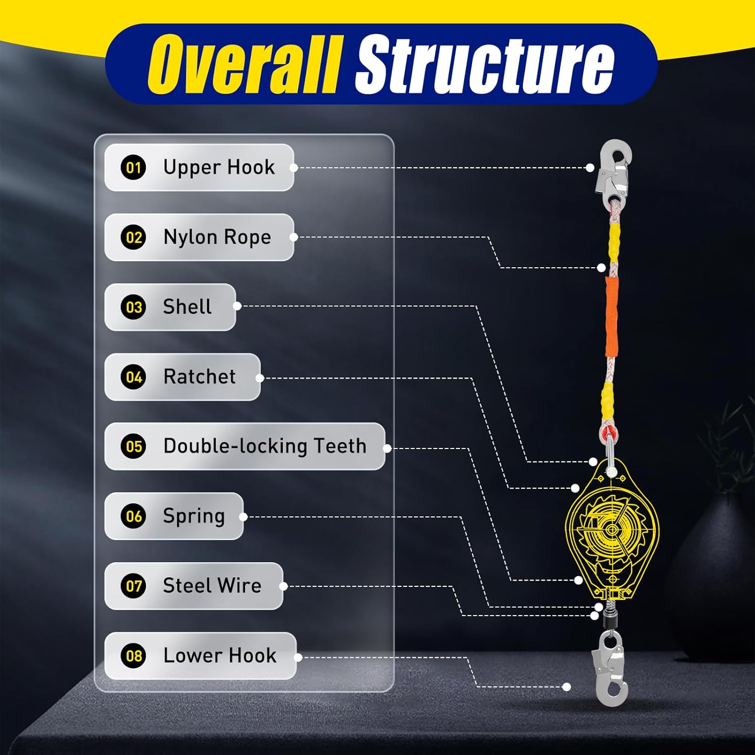 Self Retracting Lifeline 330lbs Fall Arrester Retractable Fall Protection Safety Harness with Alloy Steel Hook & Steel Wire Rope X190
