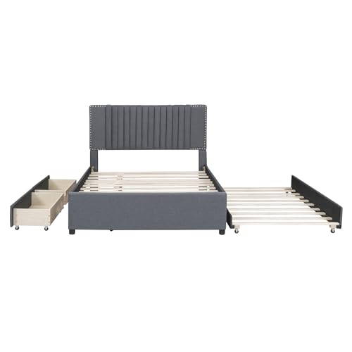 Beige Linen Upholstered Platform Bed Frame with Twin XL Trundle and 2 Drawers D3887