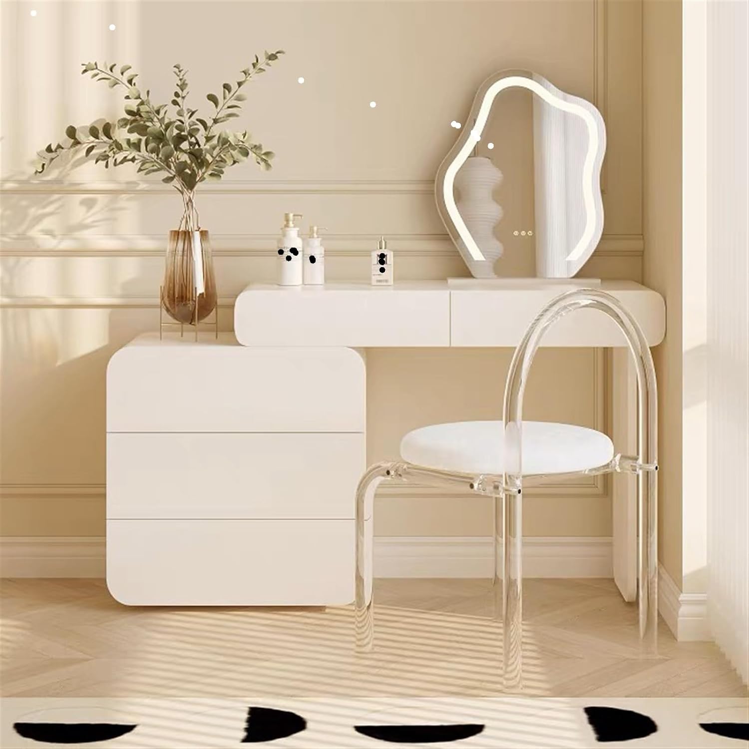 White Vanity Desk with 5 Drawers and Acrylic Transparent Chair J971